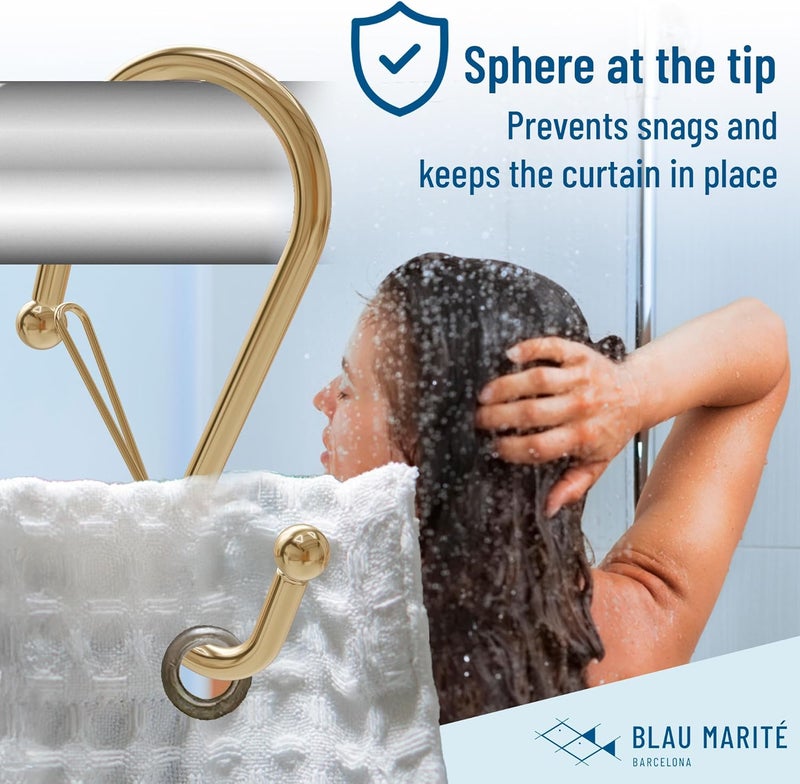 Blau Marité 12 Decorative Metal Shower Curtain Hooks, S-Shaped Hooks with Anti-Fall System, Rust-Proof Shower Rings with Safety Buckle, Fits Rods Up to 1-Inch Diameter (S, Gold) - Image 4